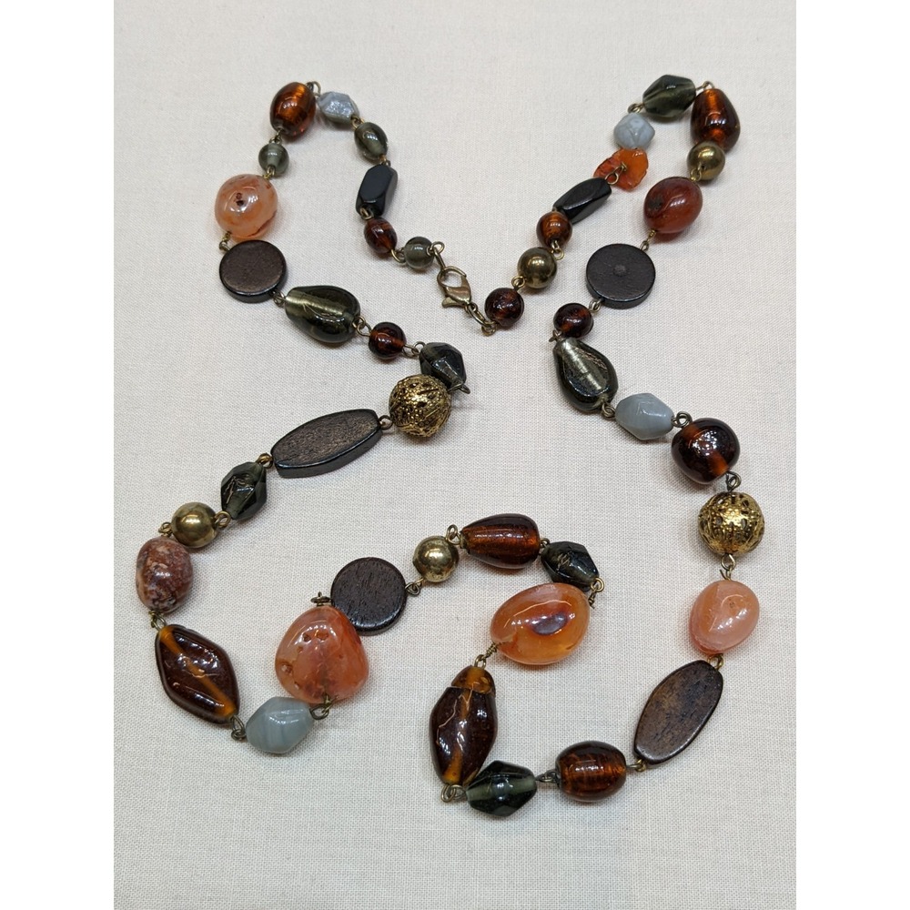 Beggars Beads Necklace Agate Stone Glass Wood Tone Boho Gold Tone ~32"